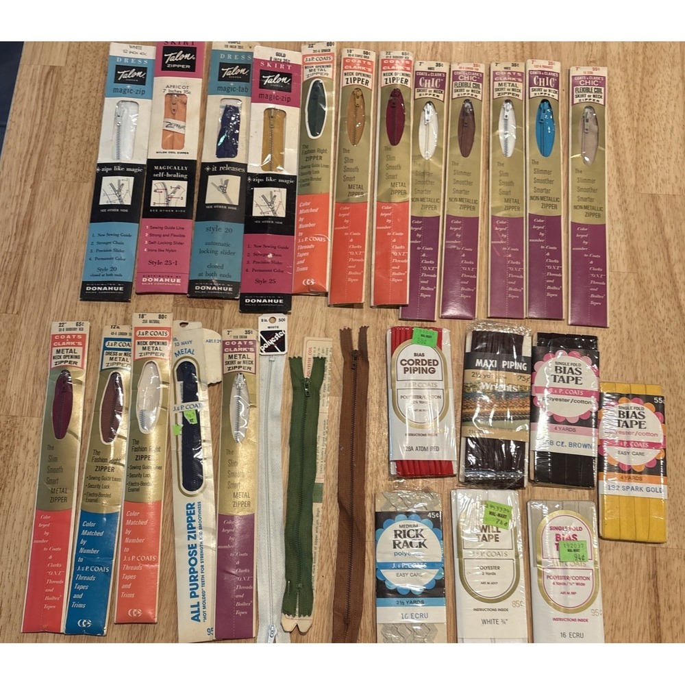 Vintage Zipper Lot of 20 Mixed Sizes Styles Colors Coats, Talon NEW, And Piping